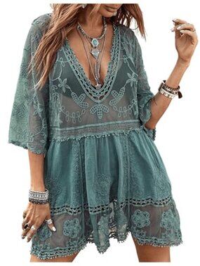 Lace Cover Up Swimsuit Beach Dress V Neck Sheer Flowy Coverup Green One Size